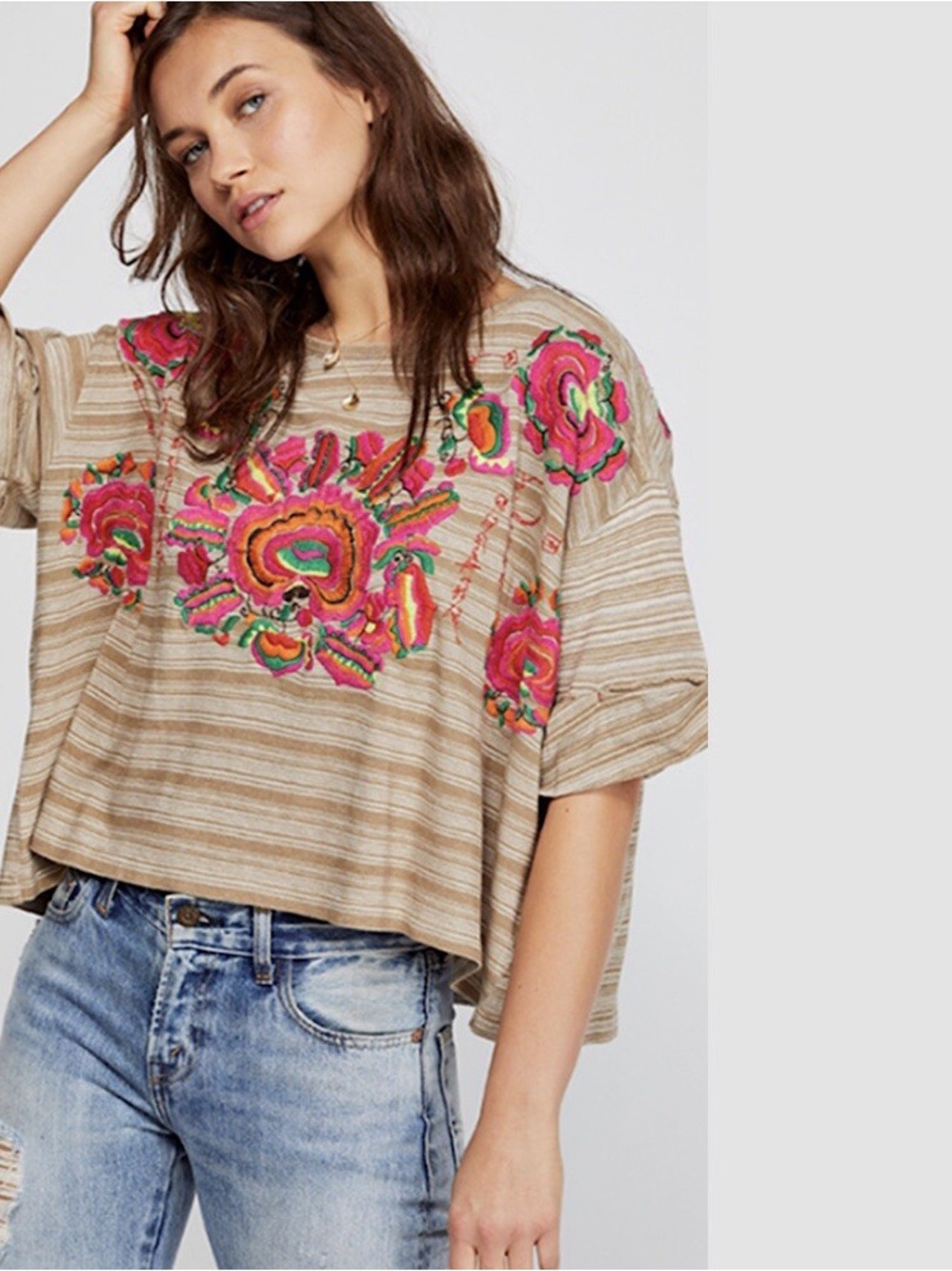 Free People Catalunya Beige Striped Top with Pink Floral Embroidery